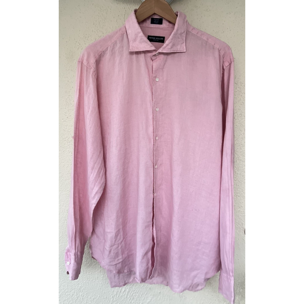 Peter Millar Collection 100% Linen Pink Button Down Long Sleeve Shirt XL Resort